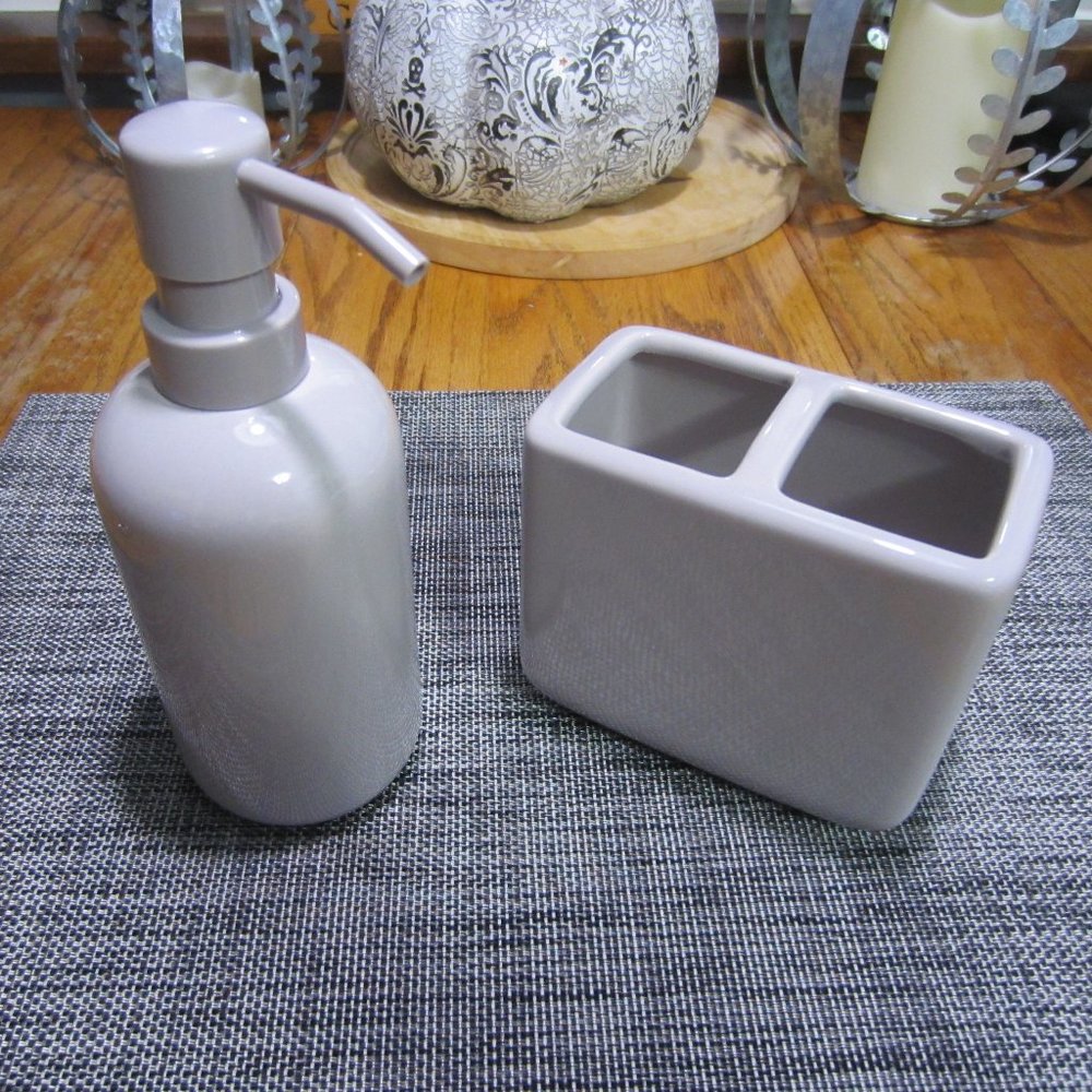 Coordinated Grey Soap Dispenser and Toothbrush Holder